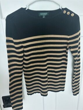 Lauren Ralph Lauren Black and Tan Striped Crewneck Sweater with Shoulder Buttons